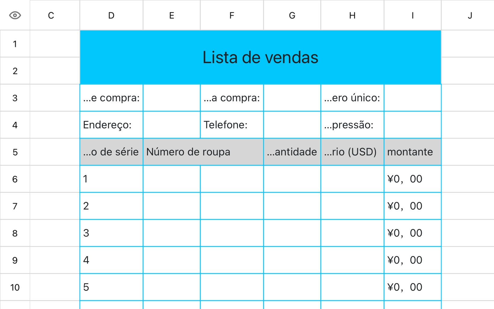 Lista de vendas de roupas 1